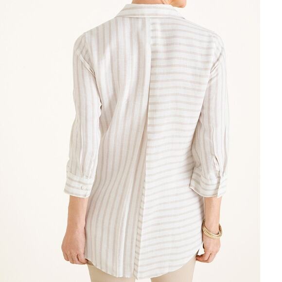 CHICO'S Shirt Size 12/14 No Iron Button Down 100% Linen Stripes White Neutral - Picture 2 of 13